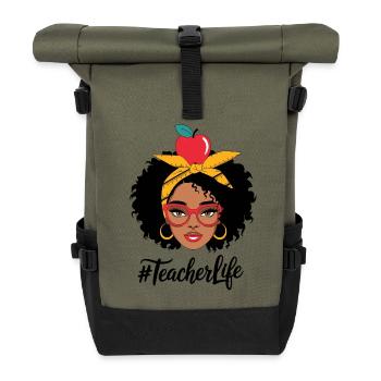 Lehrerin mit Gelbem Turban und Apfel - Rolltop Rucksack - Olive/Schwarz - Vorne