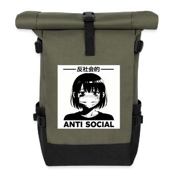 Antisocial Japanese Vaporwave Anime Girl - Roll Top Backpack - olive/black - Front