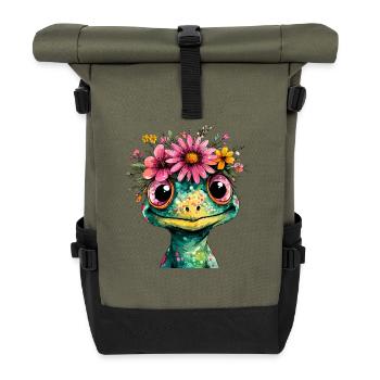 Flower Crown Frog Illustration - Roll Top Backpack - olive/black - Front