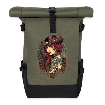 Steam Punk Schöne Frauen Steampunk - Rolltop Rucksack - Olive/Schwarz - Vorne