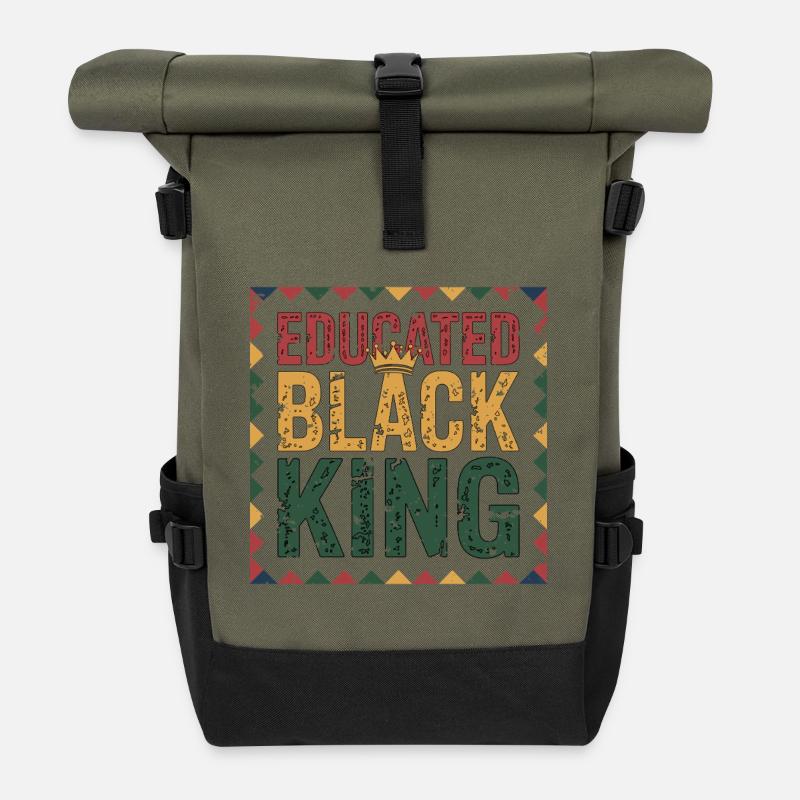 Educated Black King | Afro Pride Quote | Black - Roll Top Backpack - olive/black