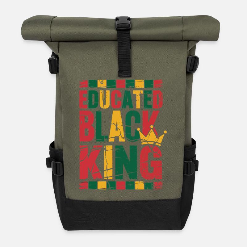Educated Black King | Afro Pride Quote | Black - Roll Top Backpack - olive/black