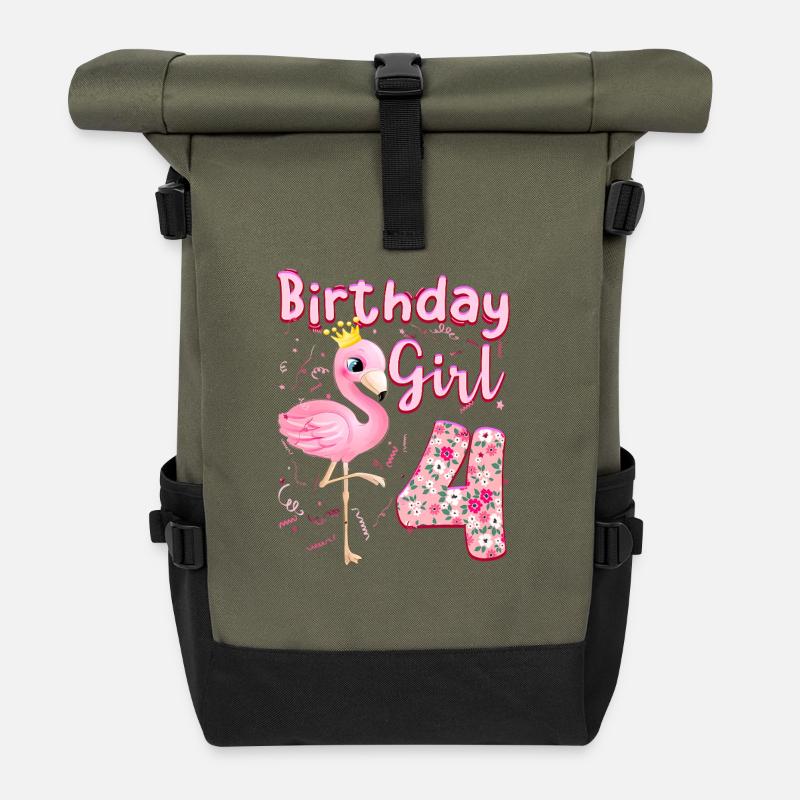 4th Birthday Girls Flamingo 4 Years Old - Roll Top Backpack - olive/black