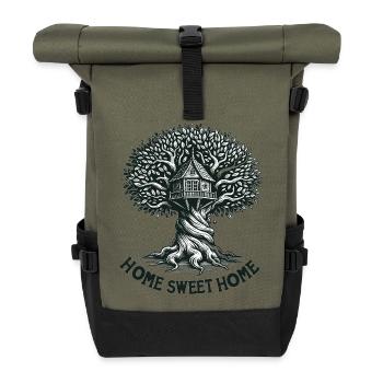 Baumhaus Holzschnitt Waldbild - Rolltop Rucksack - Olive/Schwarz - Vorne