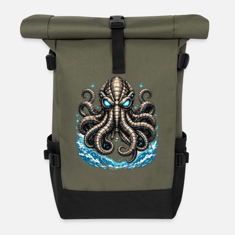Glowing Kraken in the Storm - Roll Top Backpack - olive/black