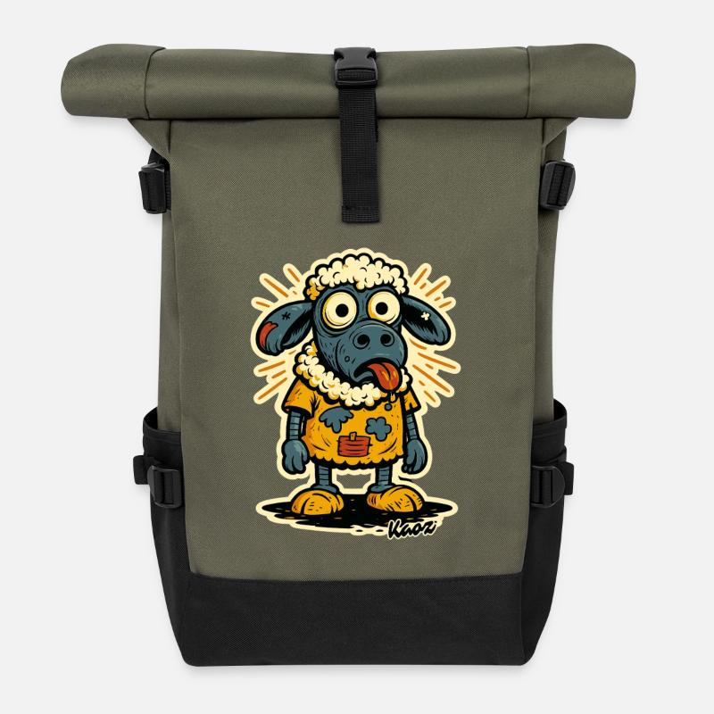Lustiges Comic Schaf mit orangefarbenem Shirt - Rolltop Rucksack - Olive/Schwarz