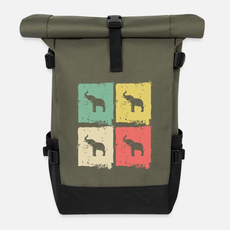 Elephant Quadri Pastel Pattern - Roll Top Backpack - olive/black