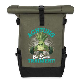 Kraftsport ACHTUNG EIN LAUCH TRAINIERT Lustig - Rolltop Rucksack - Olive/Schwarz - Vorne