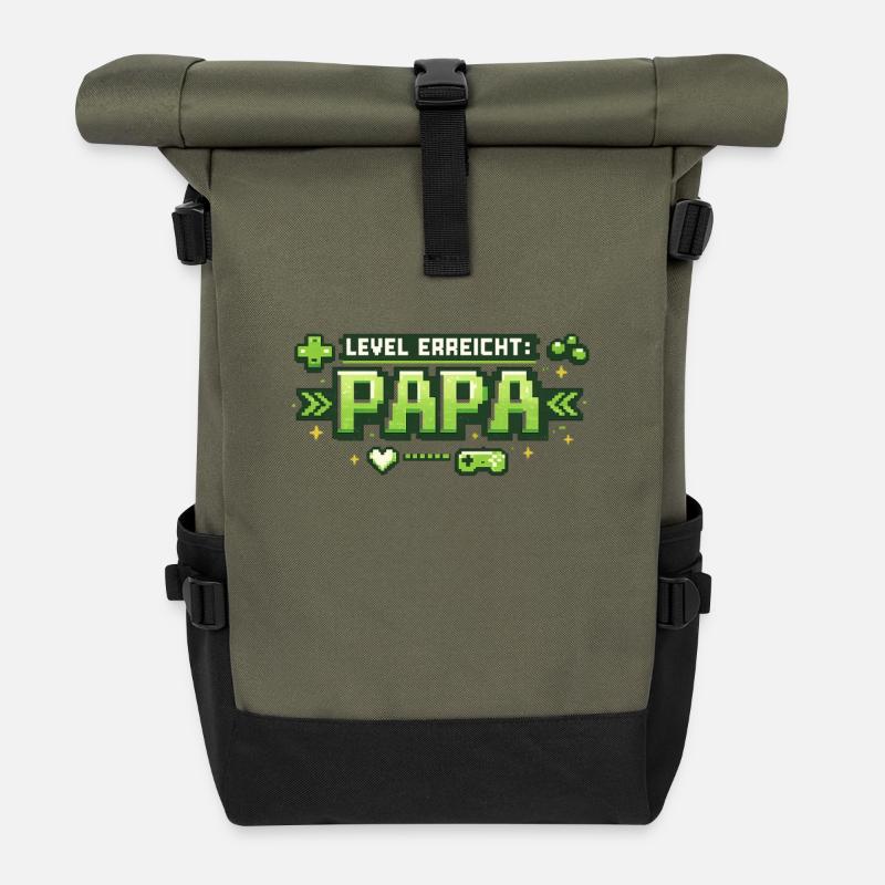 Level Reached Dad Gamer Gift - Roll Top Backpack - olive/black