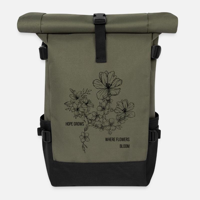 Where Flowers Bloom, Hope Grows – Floral Aesthetic - Rolltop Rucksack - Olive/Schwarz