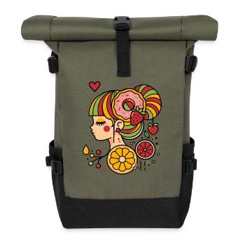 Colorful Woman Profile with Donut and Fruits - Roll Top Backpack - olive/black - Front