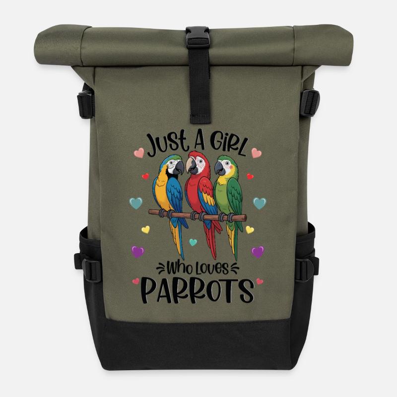 Mädchen liebt Papageien - Rolltop Rucksack - Olive/Schwarz