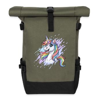 Regenbogen Einhorn Kopf Splash - Rolltop Rucksack - Olive/Schwarz - Vorne