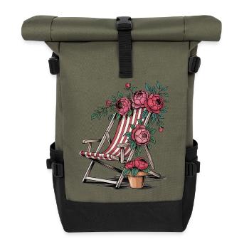Vintage Liegestuhl Shirt – Sommer & Blumen - Rolltop Rucksack - Olive/Schwarz - Vorne