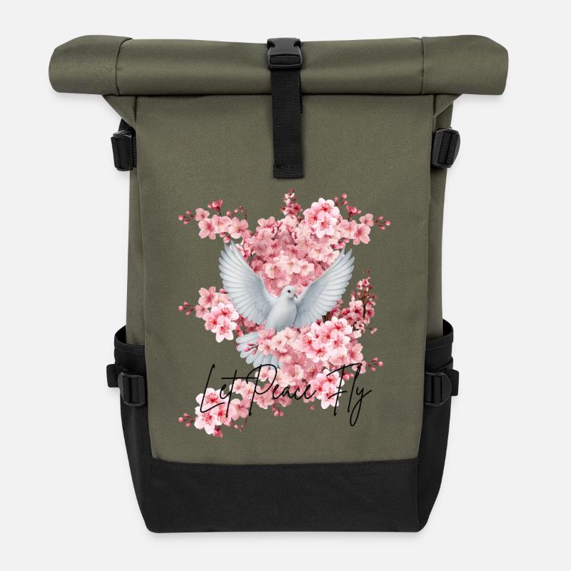 Friedens-Taube vor Kirschblüten - Rolltop Rucksack - Olive/Schwarz