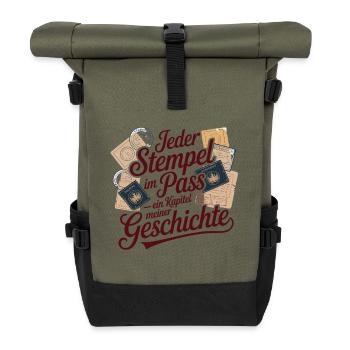  Jeder Stempel Im Pass Ein Kapitel Meiner - Rolltop Rucksack - Olive/Schwarz - Vorne