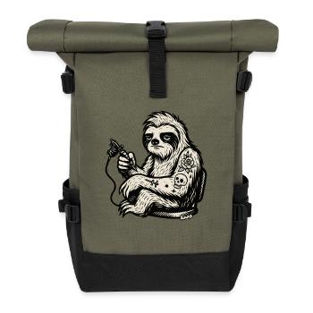 Tattooed Sloth with Skull Rose - Roll Top Backpack - olive/black - Front