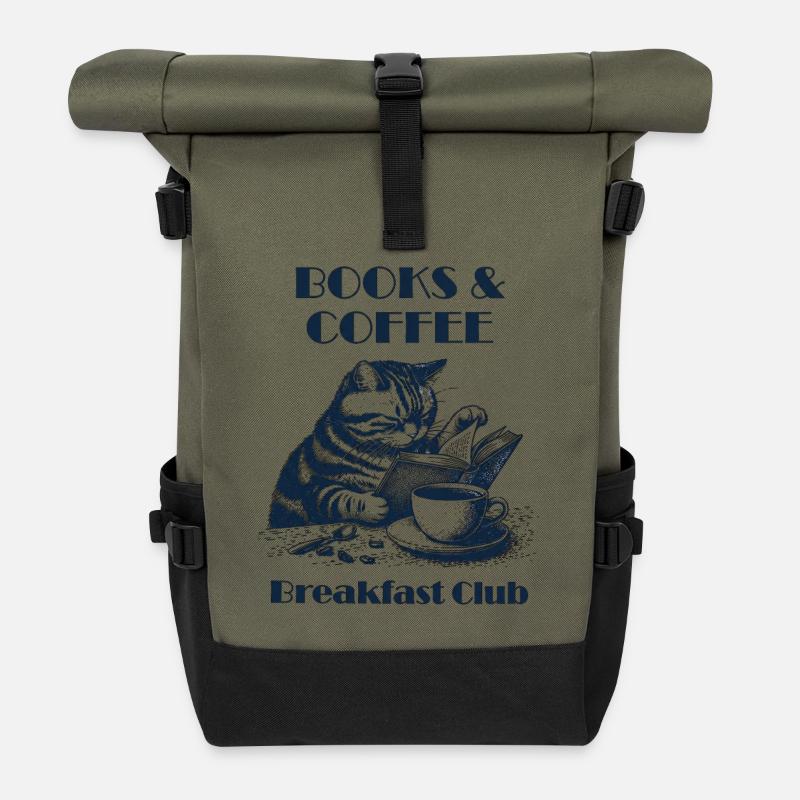 Reading Cat – Books & Coffee - Roll Top Backpack - olive/black