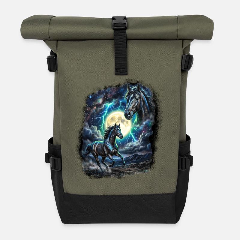 Zwei Wilde Pferde mit Mond Wildlife-Designs - Rolltop Rucksack - Olive/Schwarz