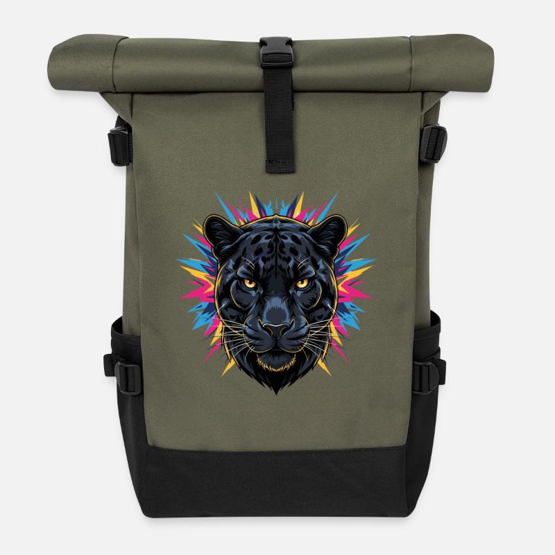 Neon Panther Kopf mit Farbspritzern - Rolltop Rucksack - Olive/Schwarz