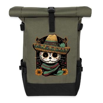 Mexican Cat Cinco De Mayo Sugar Skull Sombrero - Roll Top Backpack - olive/black - Front