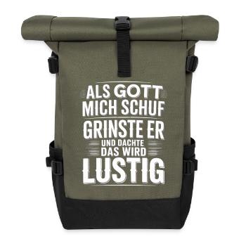Als Gott mich schuf grinste er – Lustiger Spruch - Rolltop Rucksack - Olive/Schwarz - Vorne