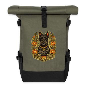 Floral Frame Scottish Terrier - Rolltop Rucksack - Olive/Schwarz - Vorne
