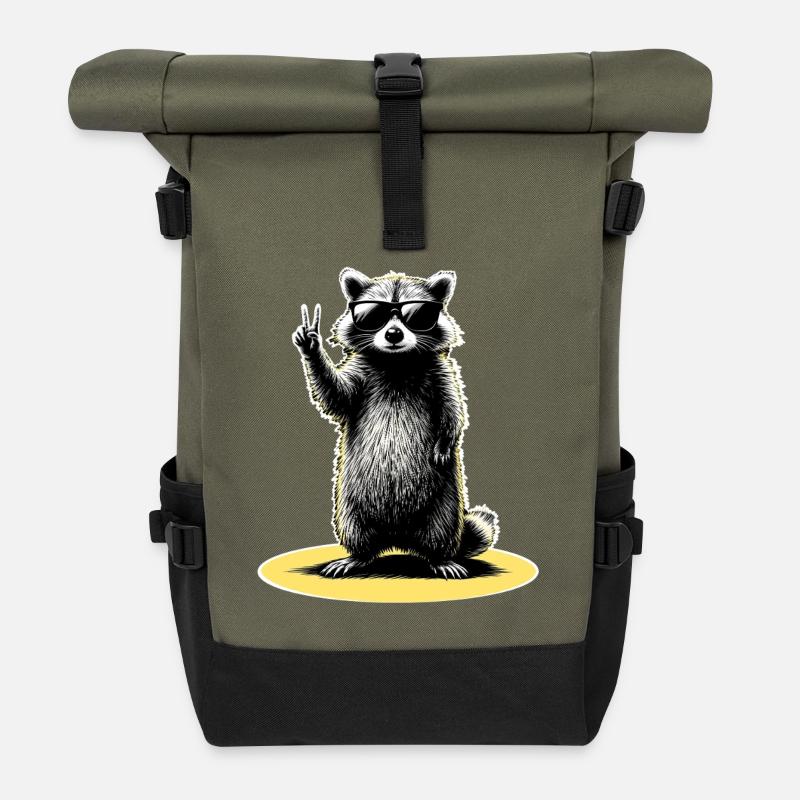 Waschbär Peace - Rolltop Rucksack - Olive/Schwarz