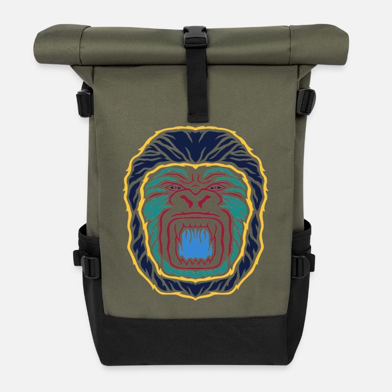 Neon-Gorilla Emblem: Farbintensives Gesicht - Rolltop Rucksack - Olive/Schwarz