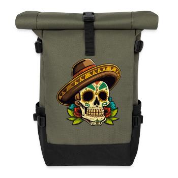 Zuckerschädel Sombrero Blumenkunst - Rolltop Rucksack - Olive/Schwarz - Vorne