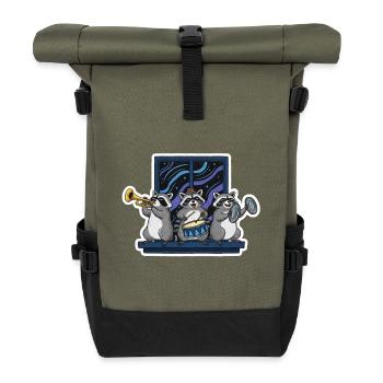 Raccoon Band am Fenster - Rolltop Rucksack - Olive/Schwarz - Vorne