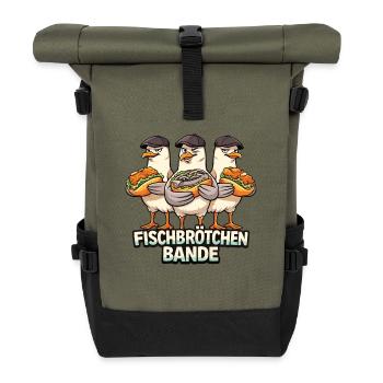 Fischbrötchen Bande – Lustige Möwen Crew - Rolltop Rucksack - Olive/Schwarz - Vorne