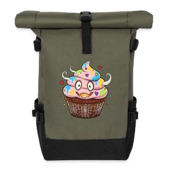 Bunter Cupcake mit Augen & Farben - Rolltop Rucksack - Olive/Schwarz - Vorne