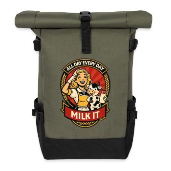 Den ganzen Tag, jeden Tag, melke es Retro-Kuh - Rolltop Rucksack - Olive/Schwarz - Vorne