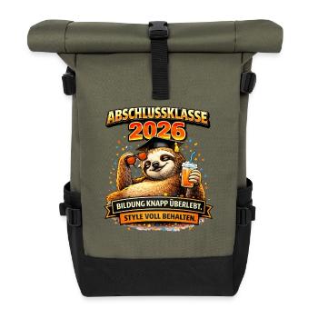 Abschlussklasse 2026 Faultier Sloth Schulabgänger - Rolltop Rucksack - Olive/Schwarz - Vorne