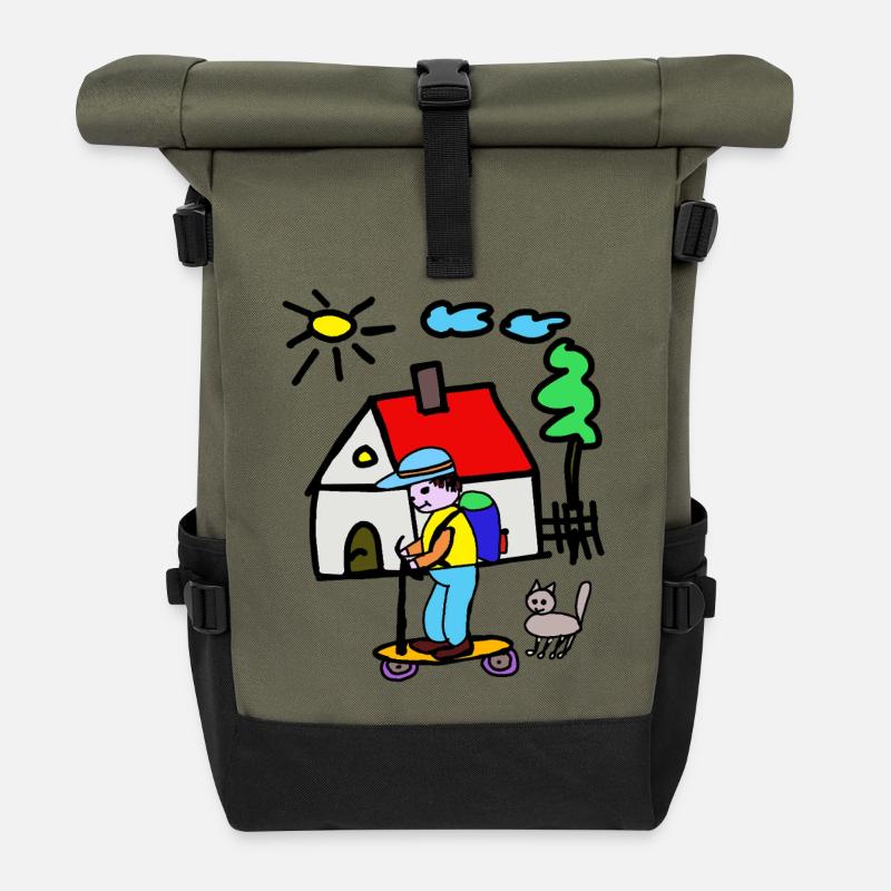 Kleines Haus Abenteuer Skateboard - Rolltop Rucksack - Olive/Schwarz