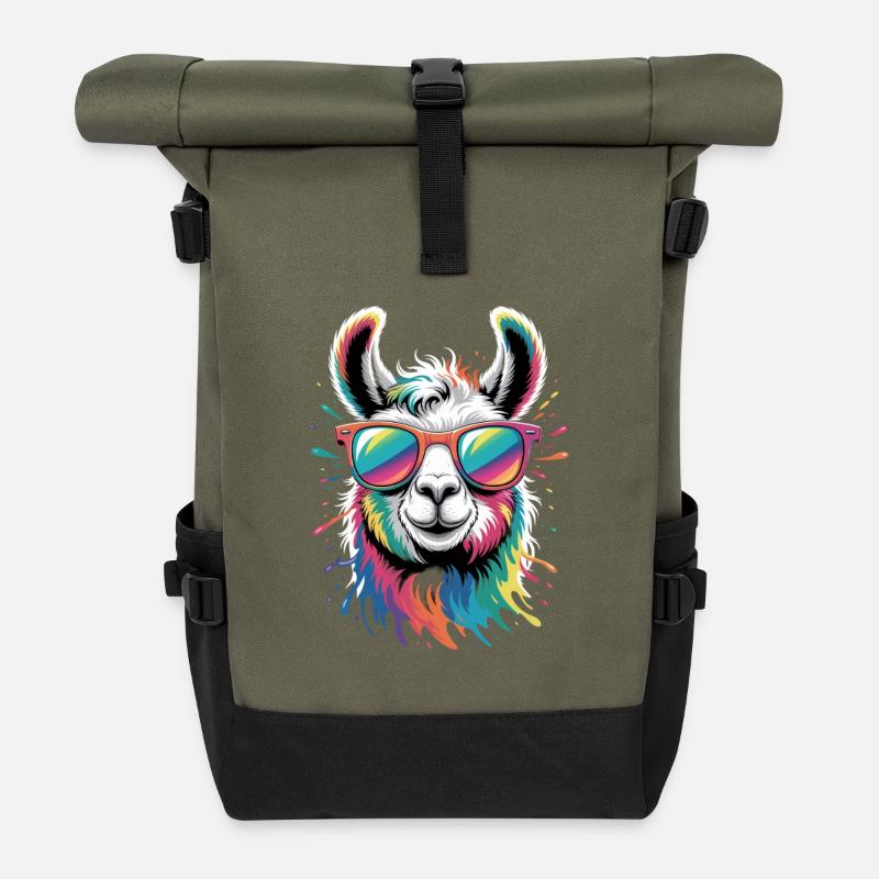 Éclaboussure colorée de lama aquarelle - Sac à dos roll top - olive/noir