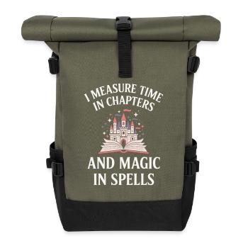 Magische Sprüche Märchenschloss Bücherwurm Magie - Rolltop Rucksack - Olive/Schwarz - Vorne