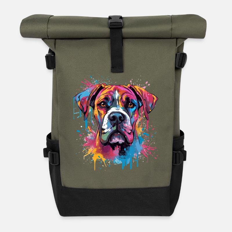 Boxer Dog Splash Art Colorful - Roll Top Backpack - olive/black