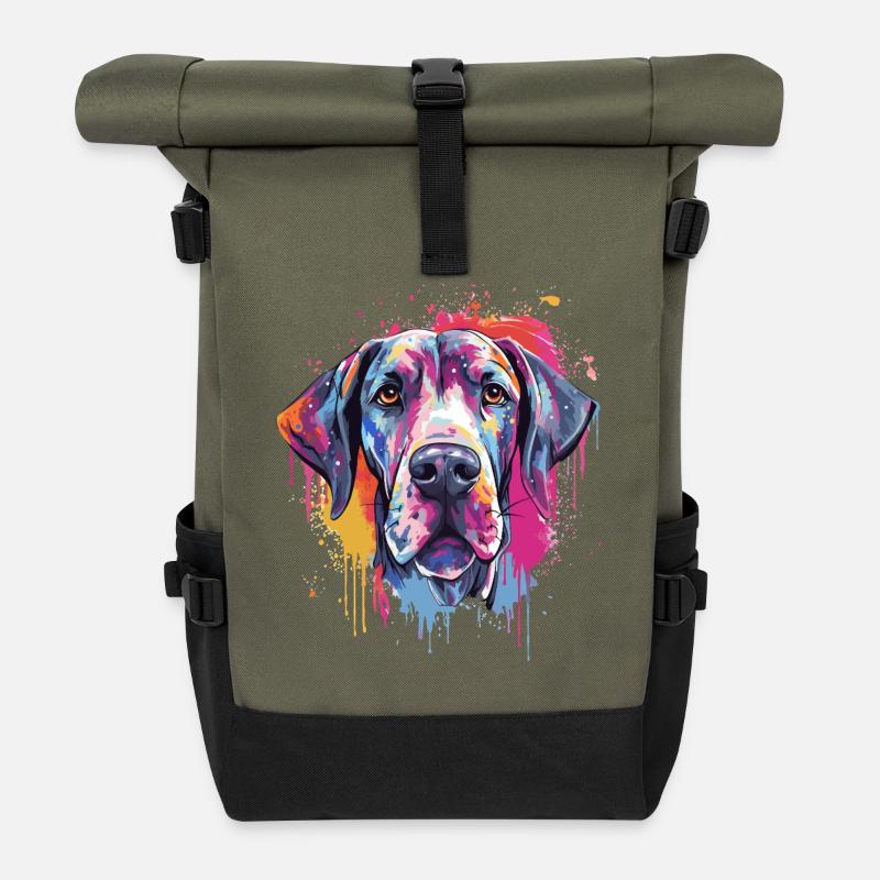 Bunte Hundesplash-Kunst Deutsche Dogge - Rolltop Rucksack - Olive/Schwarz