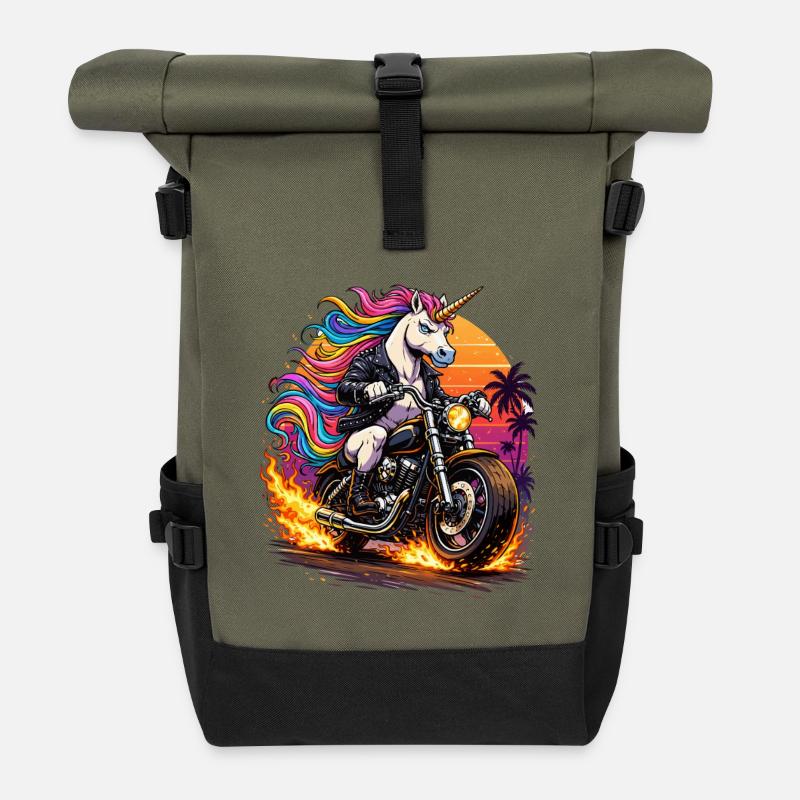 Einhorn-Motorrad im Neon-Sunset - Rolltop Rucksack - Olive/Schwarz