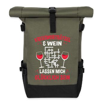 Kreuzworträtsel & Wein – Glücklich Sein / Spruch - Rolltop Rucksack - Olive/Schwarz - Vorne