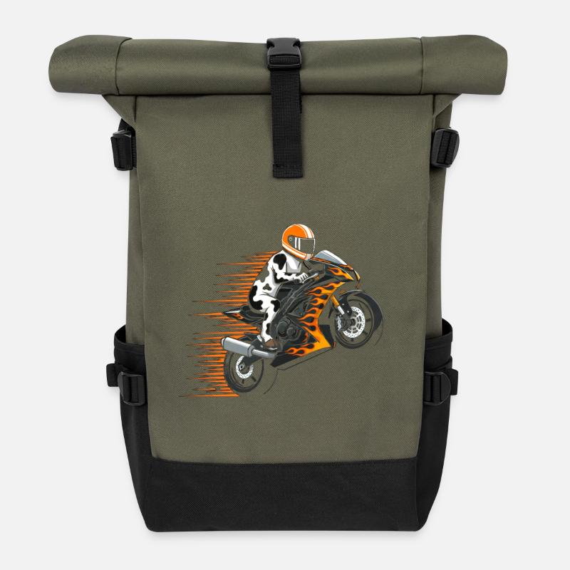 Flammenrennfahrer auf Sportmotorrad - Rolltop Rucksack - Olive/Schwarz