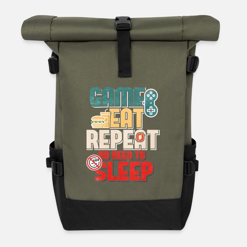 Citation de Game Eat Repeat No Sleep Gamer - Sac à dos roll top - olive/noir