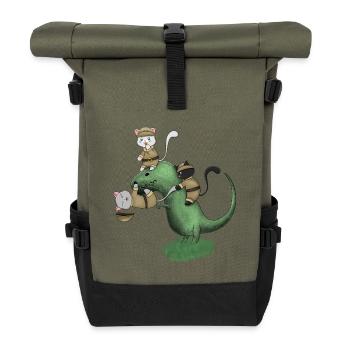 Kawaii Campingkatzen reiten auf Dinosaurier-Shirt - Rolltop Rucksack - Olive/Schwarz - Vorne