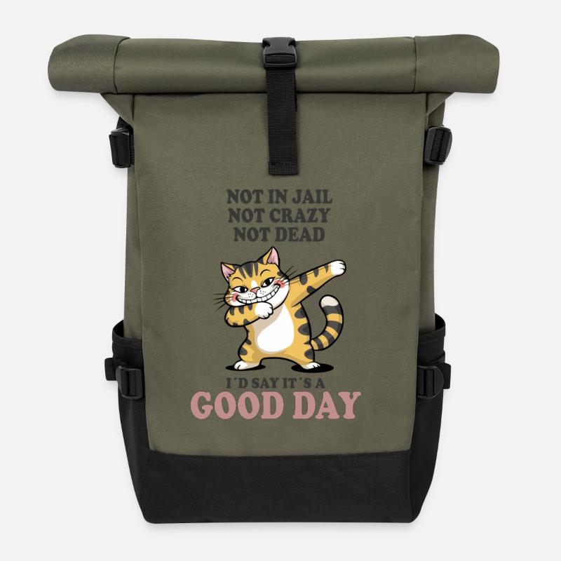 Not Dead Not Crazy Good Day Cat - Roll Top Backpack - olive/black