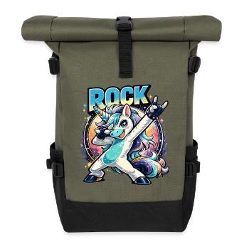 Rock Einhorn in Dabbing Pose mit Retro Vibes - Rolltop Rucksack - Olive/Schwarz - Vorne