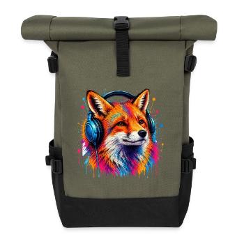 Neonfuchs mit Kopfhörern - Rolltop Rucksack - Olive/Schwarz - Vorne
