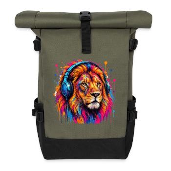 Lion with headphones in a frenzy of colors - Roll Top Backpack - olive/black - Front