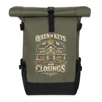 Immobilienmakler Makler Queen Of Keys And Closings - Rolltop Rucksack - Olive/Schwarz - Vorne